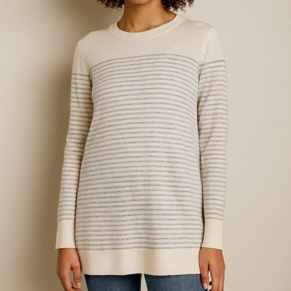 Loft Off White Blue Gray Stripe Crewneck Sweater Women's Large - Picture 1 of 7